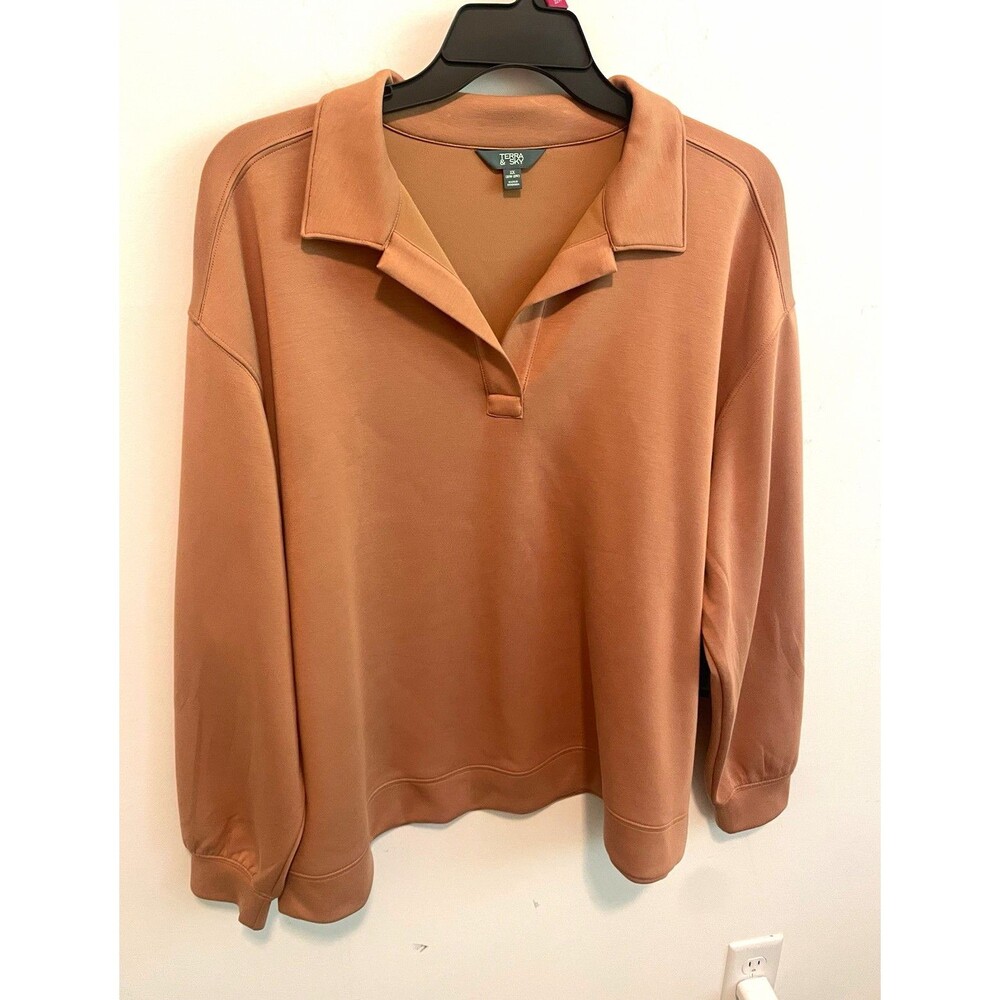 Terra & Sky Women’s Brown Solid Knit Collared Long Sleeve Pullover Top 2X